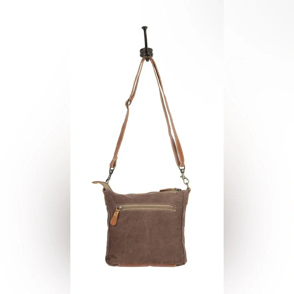 NWT Myra Bag Leather Brown and Tan Patterned w/ Canvas Crossbody Bag - Picture 4 of 9
